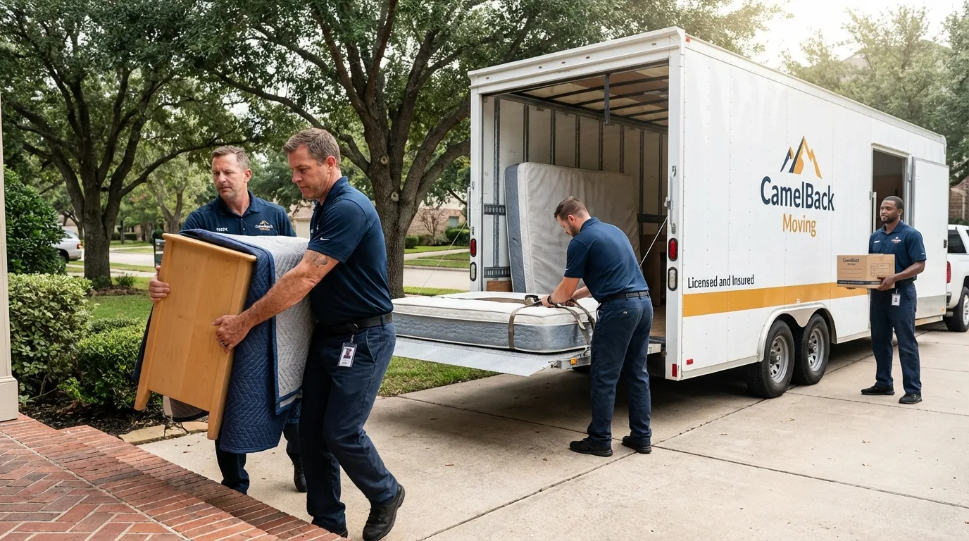 Crew loading residential truck for cross-state move from Sinton, TX