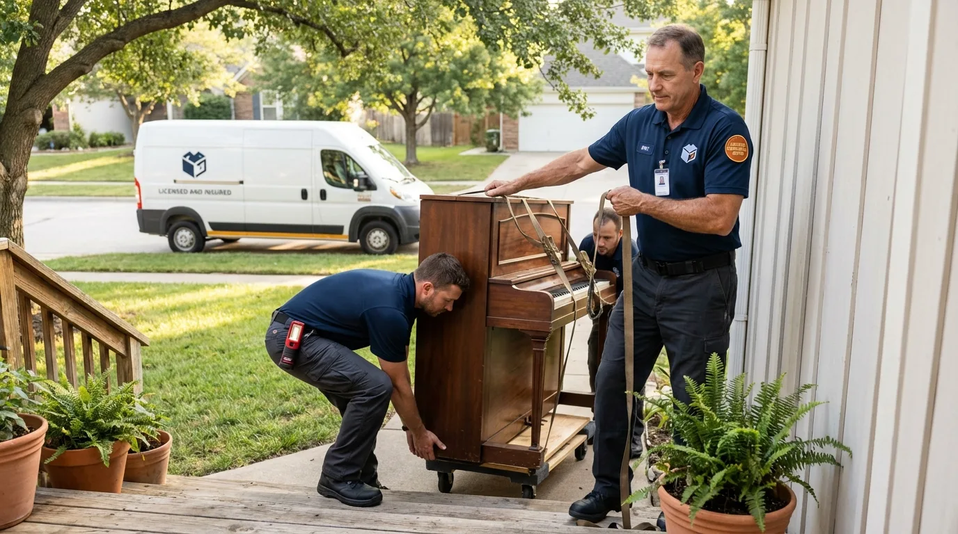 Licensed piano movers securing grand piano in Sinton, TX